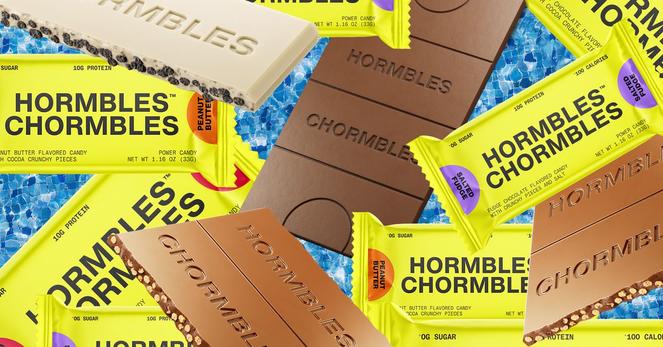 A collage of yellow candy bar wrappers reading “hormbles chormbles” on each