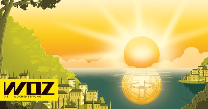 Illustration: die Sonne spiegelt sich im Tessin im See als Krypto-Münze