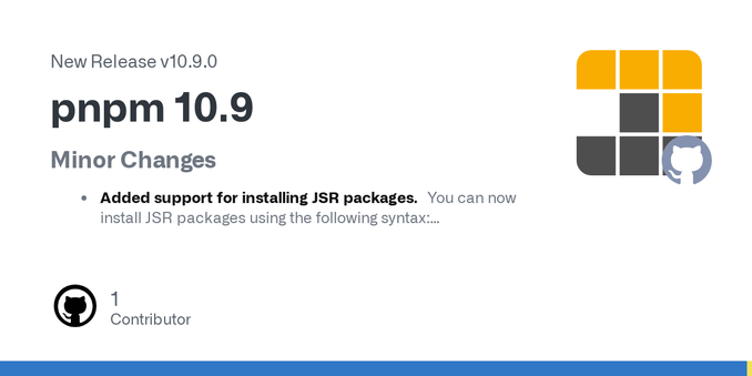Minor Changes


Added support for installing JSR packages. You can now install JSR packages using the following syntax:
pnpm add jsr:<pkg_name>

or with a version range:
pnpm add jsr:<pkg_name>@<ra...