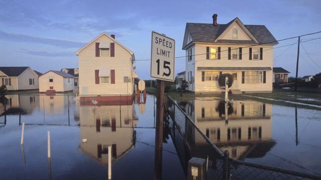 Image of a neighborhood of single-family houses, with water infall the yards. A street sign with a speed limit on it is in the foreground, with its pole partly submerged.