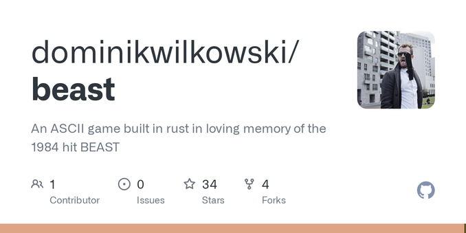 An ASCII game built in rust in loving memory of the 1984 hit BEAST - dominikwilkowski/beast An ASCII game built in rust in loving memory of the 1984 hit BEAST - dominikwilkowski/beast