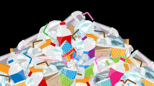 Illustration: Eine grosser Haufen Plastikmüll vor schwarzem Hintergrund. An der Spitze ein Plastikbecher mit Strohhalm.