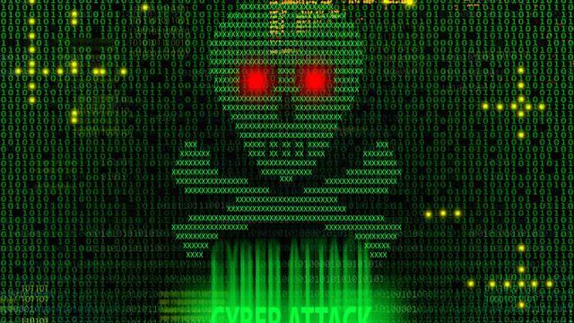 Cyberattack, conceptual illustration with a skull and crossbones with red eyes.