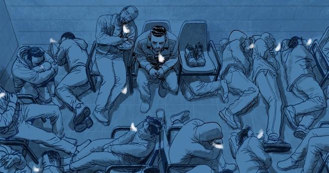 illustration of detainees in a crowded processing room