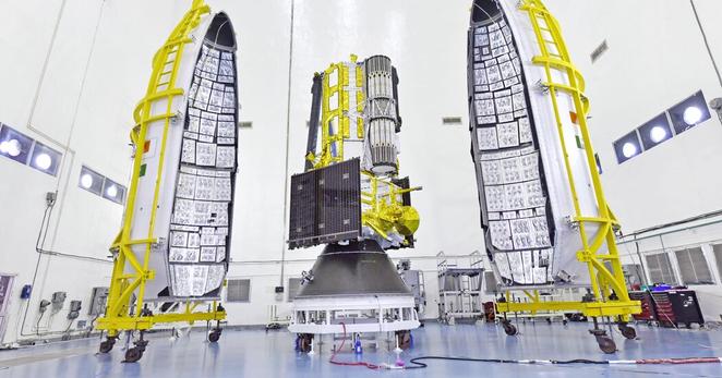 The NISAR satellite being encapsulated in its payload fairing at the Indian Space Research Organization’s Satish Dhawan Space Center on July 18.