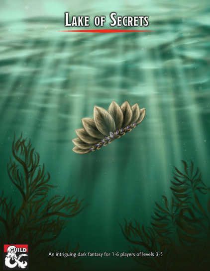 The cover of Lake of Secrets. A bronze leaf crown decorated with purple gems sinks in a murky green lake.