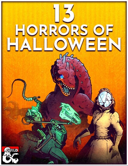 The cover for 13 Horrors of Halloween. The cover shows illustrations of a large red lizard, a ghostly headless horseman riding a horse with a skull for a head, and a victorian woman with a cracked mirror for a face.