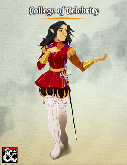 An image of the cover for the College of Celebrity. It depicts Miralex Famastri, a high elf bard. They have long black hair, light brown eyes and they wear a red and purple tunic with long white boots. They are smiling.
