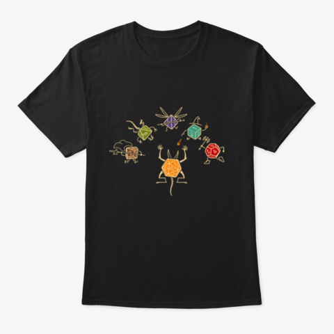 A t-shirt with a design featuring polyhedral dice as different characters from Dungeons and Dragons (D4 Pixie, D6 Sorcerer, D8 Druid wild-shaped as a crocodile, D10 Paladin, D12 Barbarian, D20 Tarrasque). The shirt is black and the characters are multi-colored. 