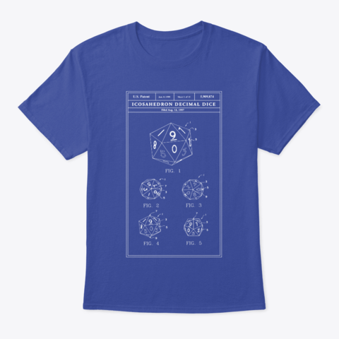 A blue t-shirt with a schematic drawing of the US Patent for a twenty-sided Icosahedron Decimal Die (or "D20") from Dungeons and Dragons. 