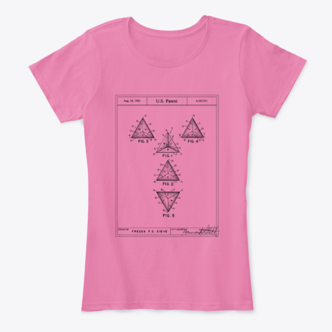 A pink women's t-shirt with a schematic drawing of the US Patent for a four-sided die (or "D4") from Dungeons and Dragons.