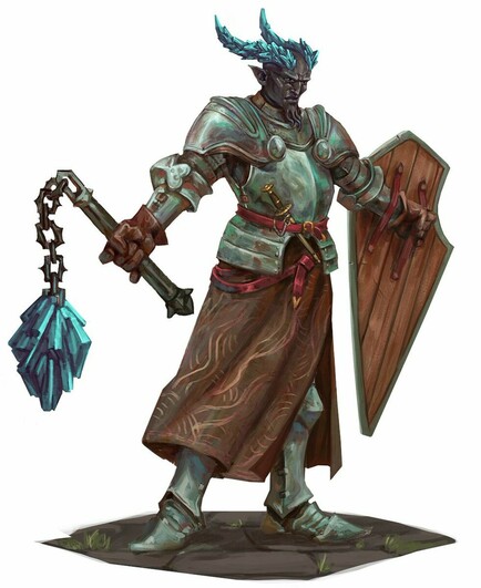 a heavily armored tiefling with cyan crystal horns, holding a shield and a flail with a head made of cyan gems