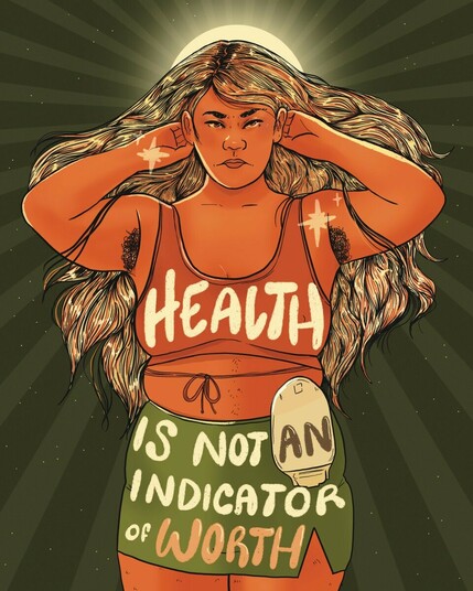 Digital illustration of a woman with long blonde hair. She's standing with her armpit hair showing in a rust red tank top, green skirt and an ostomy bag. Text reads, 'health is not an indicator of worth.'
