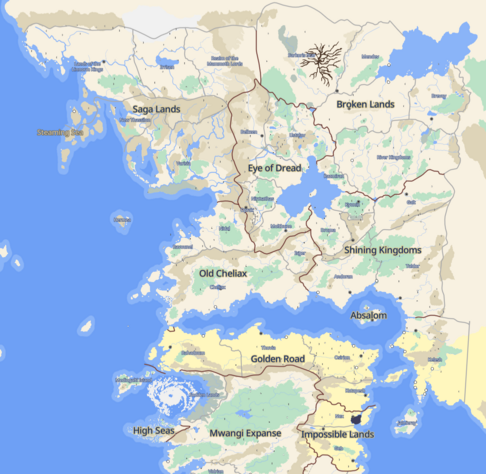 A map of the Inner Sea region of the fictional world of Golarion with regional and political borders, rendered as a Google Maps-style tilemap.
