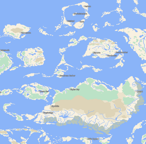 A detailed map of part of the Shackles, a region of the Golarion fictional setting, rendered as a Google Maps-style tilemap.
