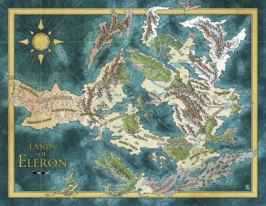 A map with varied landscapes. Cold in the North East, desertic in the West, the land is fragmented and bears peculiar annd magic biomes. The compass in the top left corner is separated in several parts.
