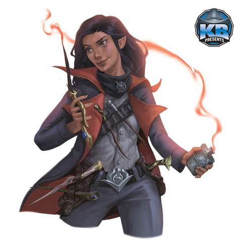 A half-elf wandslinger with a bandolier of wands across her chest; she holds a smoking wand.