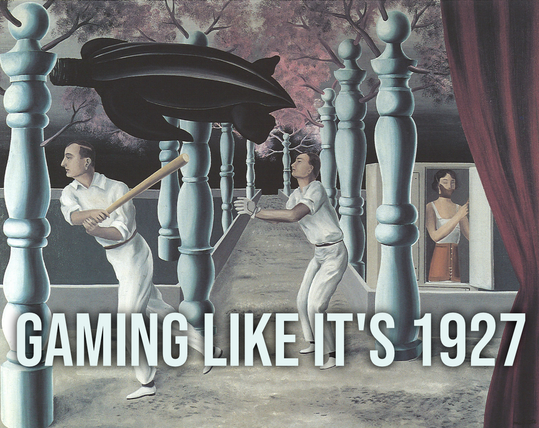 the logo for Gaming Like It's 1927, using the painting "The Secret Player" by René Magritte featuring ball players wandering through a surreal garden