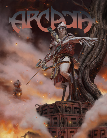 Cover of ARCADIA. An illustration of a humanoid creature with hooved, digitigrade legs, white fur, and feathered arms stands on top of a stone platform with their ornate bow drawn. They are surrounded by smoke and burning embers.