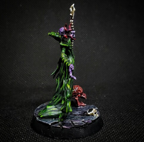 Photo of a painted miniature. A purple skinned Mind Flayer in green robes heft a spine-bone staff, accompanied by an Intellect Devourer. This photo is from the right side, focusing on the bloody tentacled maw.