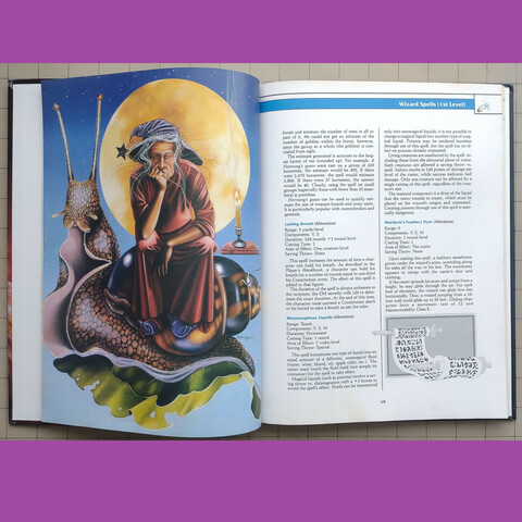 An older wizard in a floppy hat looks rather sad as he sits on the shell of a giant snail.