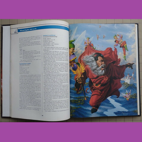 A wizard wearing a voluminous red cape and robes flies far above the land accompanied by a flight of fairies.