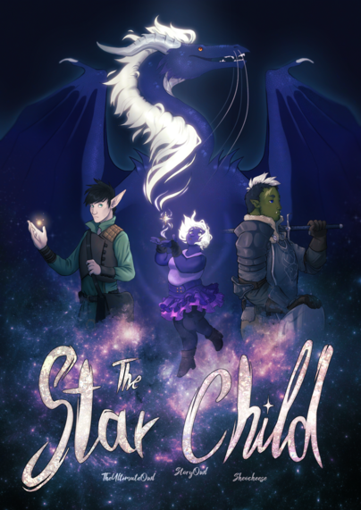 Comic cover style illustration. The title at the bottom reads "The Star Child". Above it are three characters: A young, chubby woman with white hair and dark blue skin holding a star in her hands. To her left and right are an Elf cleric and an Orc paladin, respectively. Behind the characters is a big blue dragon with a white mane, silver horns and orange eyes.