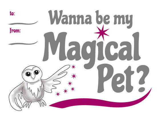 RPG valentine. Text: Wanna be my magical pet? To blank. From blank. Image is a drawing of an owl with an outstretched wing, surrounded by some stars.