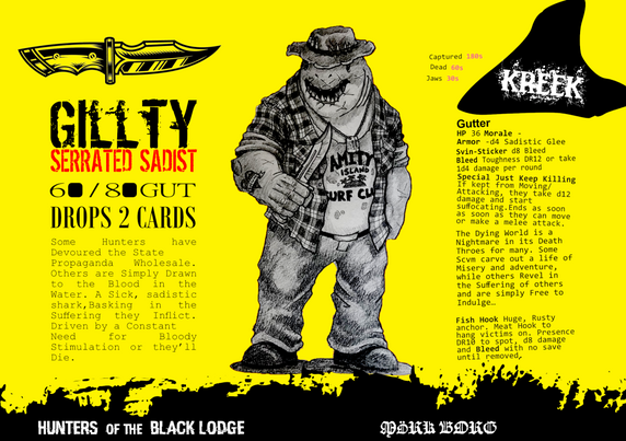Spread from Wen's Deadliest Catch of Gillty, mean-looking Aussue shark with bowie knife, shark tooth, and background and stats for Lichoma and Mork Borg on yellow background.