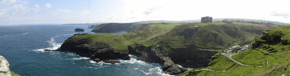 Panorama of Tintagle Castle overlooking the sea