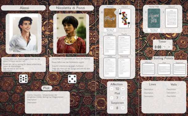 Screenshot eines Online-Spielbretts von Eyes on the Prize, auf dem alle relevanten Informationen zu den Spielcharakteren eingetragen sind. Man kann auch Karten ziehen, würfeln und Buch über seine Punkte halten.