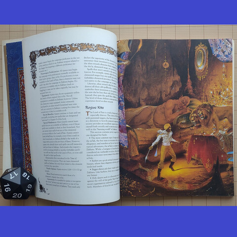 A giant reclines as if asleep while a man with a scimitar faces a two-headed lion atop a table filled with jewels.