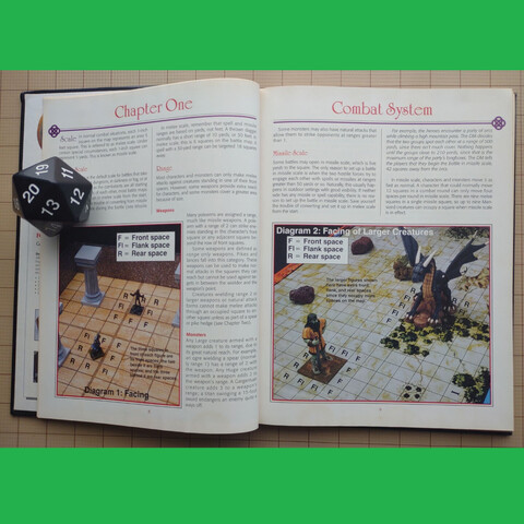 Chapter One: Examples of facing; front, back, and flanks. Examples include human miniatures showing different facings and a dragon and a giant to show how facing works when a creature is large.