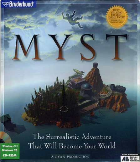 Front cover of the box for MYST, the original PC game for Windows 95, depicting the eponymous island. Tagline reads: The surrealistic adventure that will become your world.