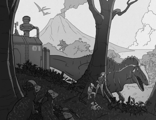 Un groupe de personnages se cache d'un dinosaure