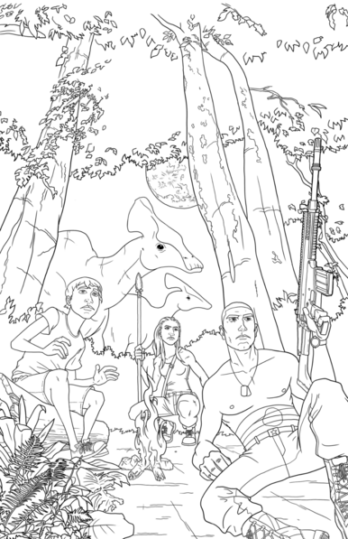 Un groupe de personnages se repose, des dinosaures pacifiques dans le fond.
