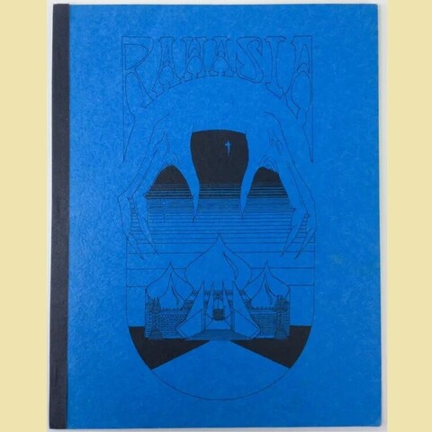 Cover of Rahasia by Tracy & Laura Hickman published by Daystar West. Dark blue cover with a keep with onion domes and a large, open gate. Taloned hands reach from the sky as if they are about to lift the keep.