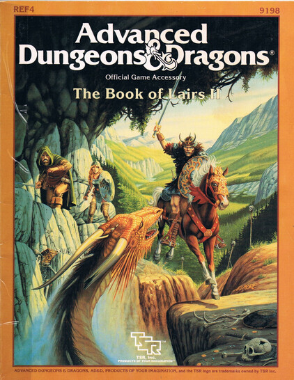 Cover of REF4. A mounted man in upper body armor with a sword and shield charges at a golden dragon with a broken horn emerging from a large crevasse. To the left, a cloaked man with a sword and a blonde woman with a shield and mace approach the dragon from the side. The ground to the right is littered with the remains of the last person who bothered the dragon. 
