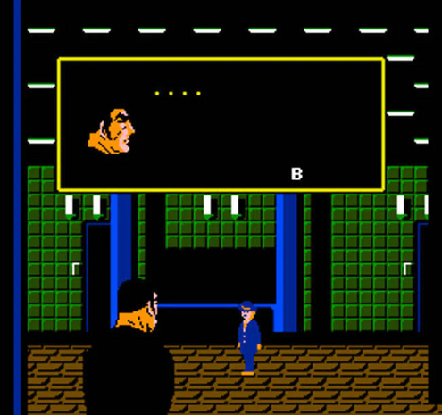 A screen shot from the NES video game Golgo 13.

A speech box shows the protagonist, Duke Togo, with a three dot ellipsis indicating that he isn't saying anything.