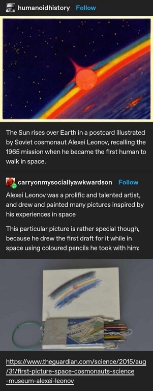 A social media thread about the art of Alexei Leonov. Thr top image shows a red-orange sun rising over the Earth's horizon as seen from orbit. The colors are a muted earthy rainbow as different layers of atmosphere interact with the sun.

Another picture shows colored pencils and a preliminary sketch of the drawing made while the artist was in space.