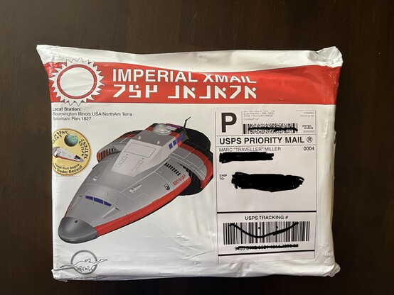 USPS Priority Mail Envelope 

Red Banner with 3rd Imperium Starburst

Imperial XMail

Local Station
Bloomington Illinois USA NorthAm Terra
Solomani Rim 1827
