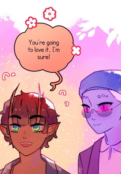 Mira, a green-eyed dryad with a bright smile, says: "You're going to love it, I'm sure!", with flowers around her speech bubble. Next to her, Tess, a gorgon with glasses, violet skin and pink eyes, looks shy and smitten.