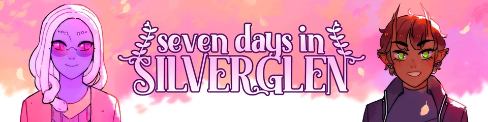 webcomic banner showing the main characters, Tess and Mira, with the title "seven days in Silverglen" between them