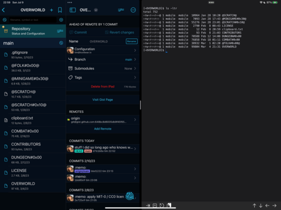 fullscreen iPad screenshot: two applications side-by-side using iOS split view.

On the left is Working Copy, a source code management app, with a repository named OVERWORLD focussed.

On the right is a-Shell at the command-line. The current directory is `~OVERWORLD`. The output of running `ls -ltr` (which is Unix file listing command with some options specified to format the output). The listing of files [I've ommitted the list] matches between both apps.

TL;DR — Demonstrating CLI (Command Line Interface) access from a Unix shell prompt to the source code managed by Working Copy is quite a feat!