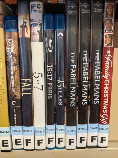 A photo of the F section of DVDs at the library as evidence. 