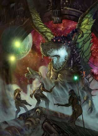 Art from the Dragonstar roleplaying game.
Depicts three fantasy figures wielding futuristic weapons, facing off against a dragon-like creature with several eyes and a glowing mouth. In the background is a circular opening, as if to a spaceship docking bay, and beyond that apace and planets.