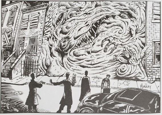 Art from the Mage: the Ascension supplement: Guide to the Technocracy.
It depicts a row of run down apartment buildings. Sandwiched between two of the apartments is an amorphous building-sized creature, a jumble of mouths and arms and eyes.
Four figures in trench coats stand in the street in front of it:
* One with a gun pointed at the creature.
* The next figure has a more futuristic gun held aloft and gestues for the first figure to not fire.
* The third figure stands stands as if uncertain or in awe.
* The fourth figure faces away from the creature and types on a laptop sitting on the hood of a car.