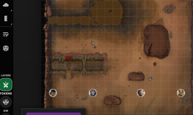 Roll 20 VTT map of Attack the Horde Scenario. 4 PC tokens are standing in an empty valley. 
