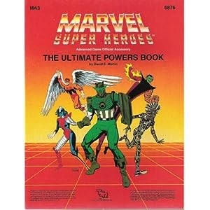 The cover of the Marvel Super Heroes Advanced Set RPG accessory The Ultimate Powers Book. Orange and yellow background with several strange characters running at us - The Super Adaptiod (displaying assorted Avengers' powers, Warlock, the Super Skrull (original; displaying assorted Fantastic Four powers), Mimic, and Rogue (displaying assorted X-Men character powers).