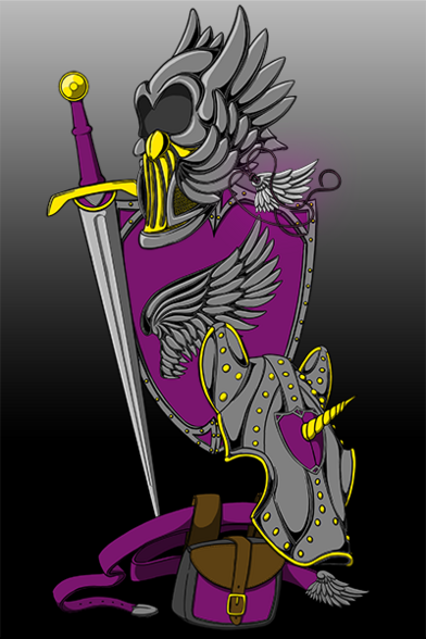 paladin equipment - Helm, sword, shield, holy item, barding armor for a horse and a belt and pouch. 